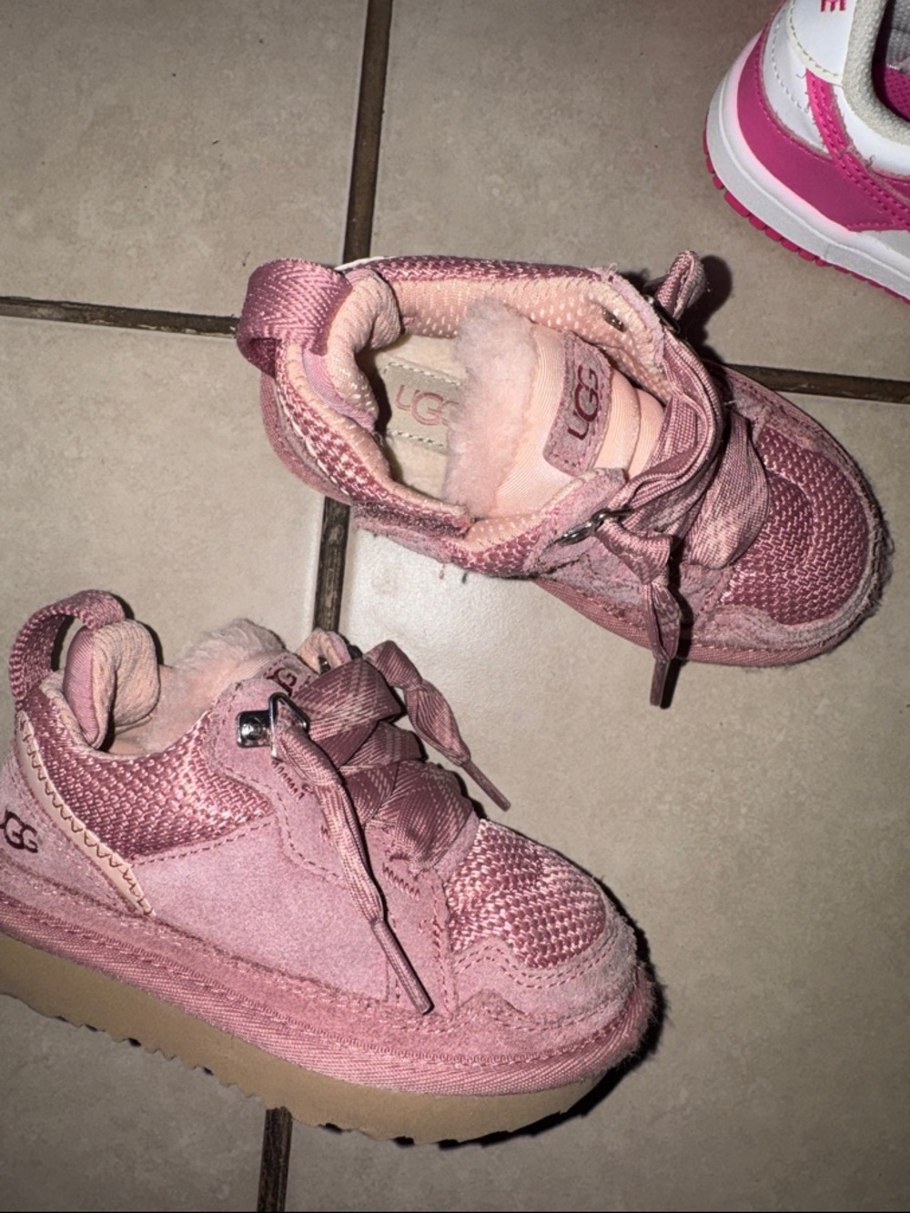 UGG Kids Pink Suede & Mesh Lace-Up Sneakers